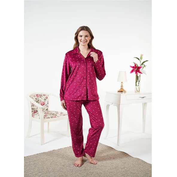 Estiva Puantiyeli Önden Düğmeli Kadife Bayan Pijama Takım - Resim 4