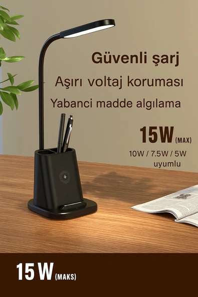 3’ü 1 Arada Kalemlik Masa Lambası + Kablosuz Şarj Aleti (15W) - 2