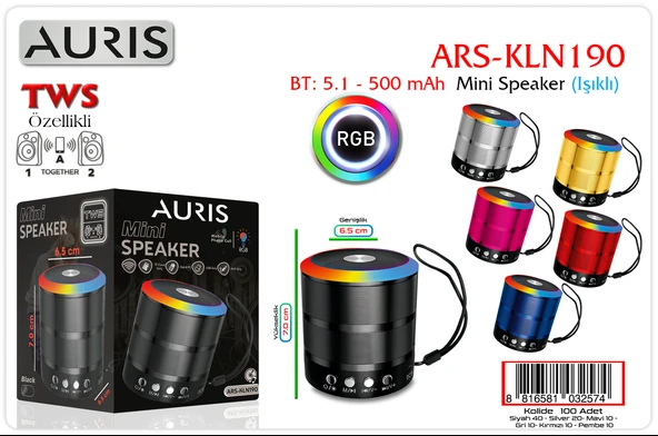 Auris Kln190 Bluetooth Speaker Mini Işıklı Bt5.1 500Mah 65 70Mm ürün görseli