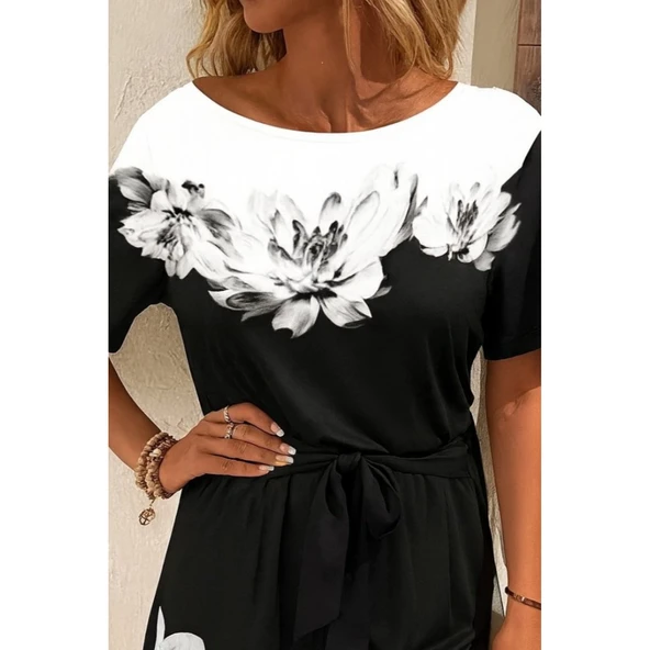 Lucky Life Kadın Tek Omuzu Açık çiçek Desenli Beli Kuşaklı Iki Iplik Mini Short Tulum - 4