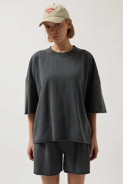 Oversize Lazer Kesim Bisiklet Yaka T-Shirt - Resim 3