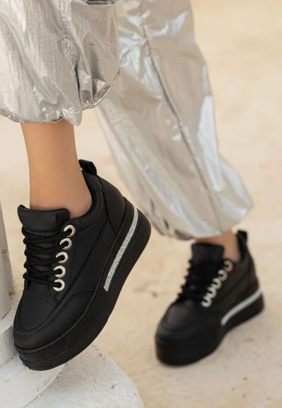 Lulu Siyah Cilt Bağcıklı Spor Ayakkabı - Resim 3