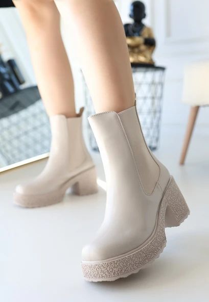 Paigo Bej Cilt Topuklu Bot - Resim 3