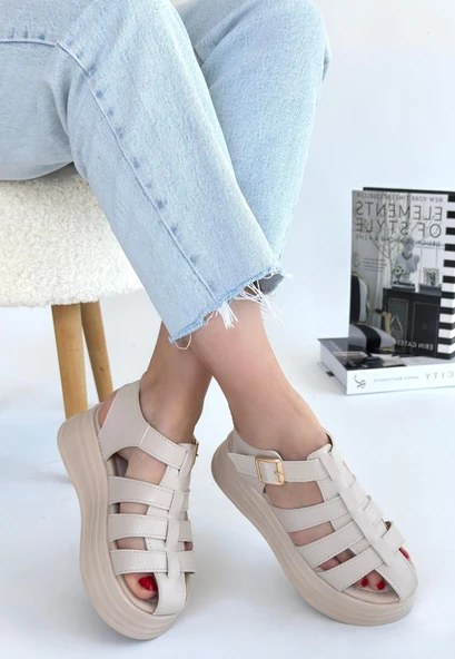 Toten Bej Cilt Kemerli Sandalet - Resim 2