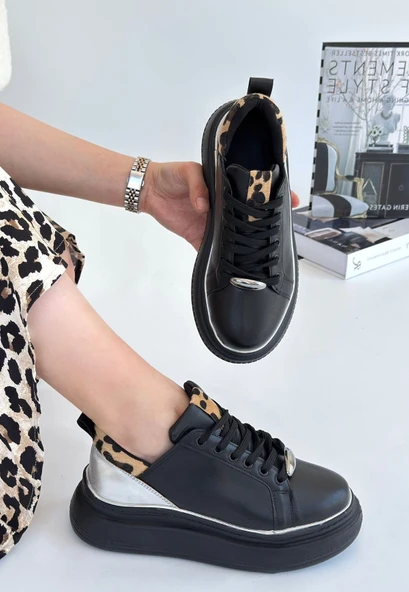 Jista Siyah Cilt Gümüş Detaylı Bağcıklı Spor Ayakkabı - Resim 4