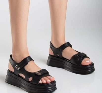 Saide Siyah Cilt Cırt Cırtlı Sandalet - 4