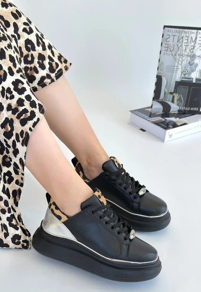 Jista Siyah Cilt Gümüş Detaylı Bağcıklı Spor Ayakkabı - Resim 2