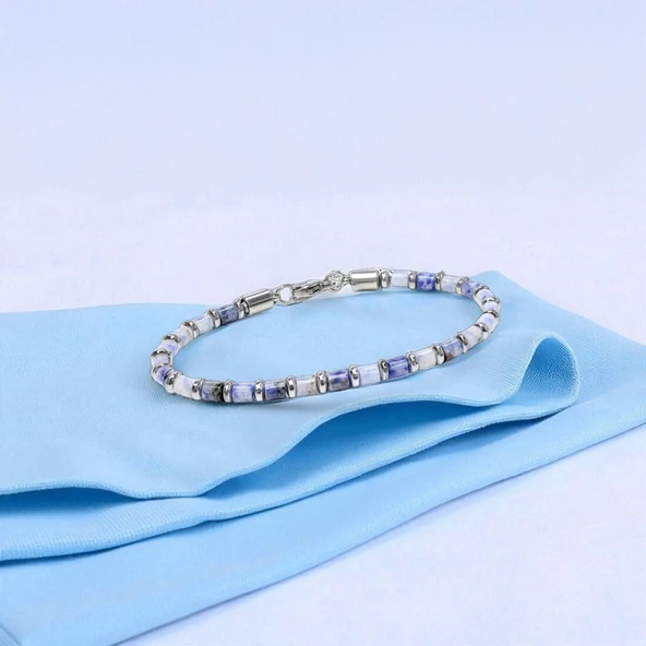 Mavi Aventurin & Silver Hematit Taşlı Ayarlanabilir Çelik Zincir Erkek Bileklik 31832B10D4M1 - Resim 2
