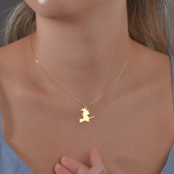 925 Ayar Gümüş Mikron Altın Kaplama Cadı Figürlü Kolye - CN00456 - 4