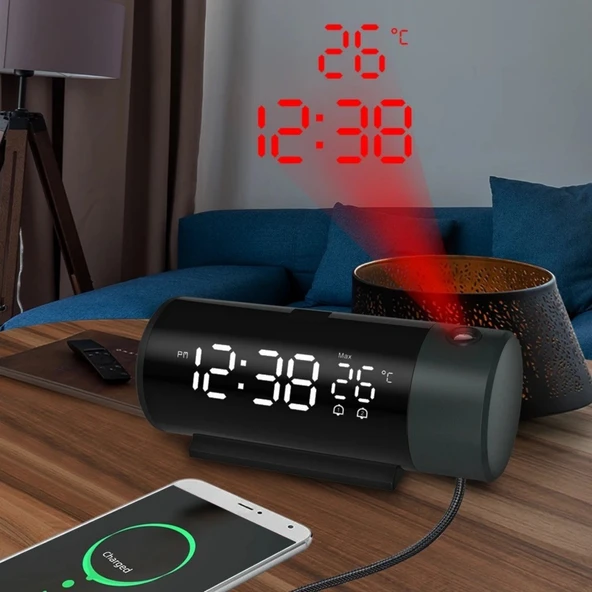 HyMark Projeksiyonlu Silindir USB Güç LED Ekran Çalar Saat Sıcaklık Çift Alarm - 1