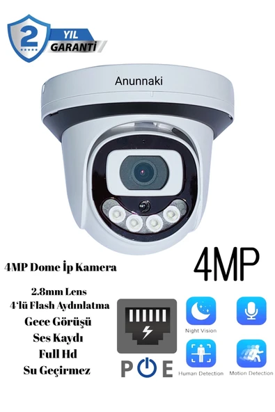 4Mp 4k Dome IP Kamera 2.8mm Geniş Açılı Gece Görüşlü Mikrofonlu Ses Kayıtlı Onvif Led Aydınlatmalı ürün görseli