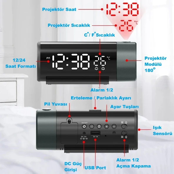 HyMark Projeksiyonlu Silindir USB Güç LED Ekran Çalar Saat Sıcaklık Çift Alarm - Resim 4