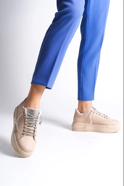 DELLA Bağcıklı Ortopedik Taban Taşlı Kadın Sneaker Spor Ayakkabı CTT - Ten - 3