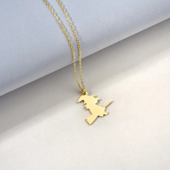 925 Ayar Gümüş Mikron Altın Kaplama Cadı Figürlü Kolye - CN00456 - 3