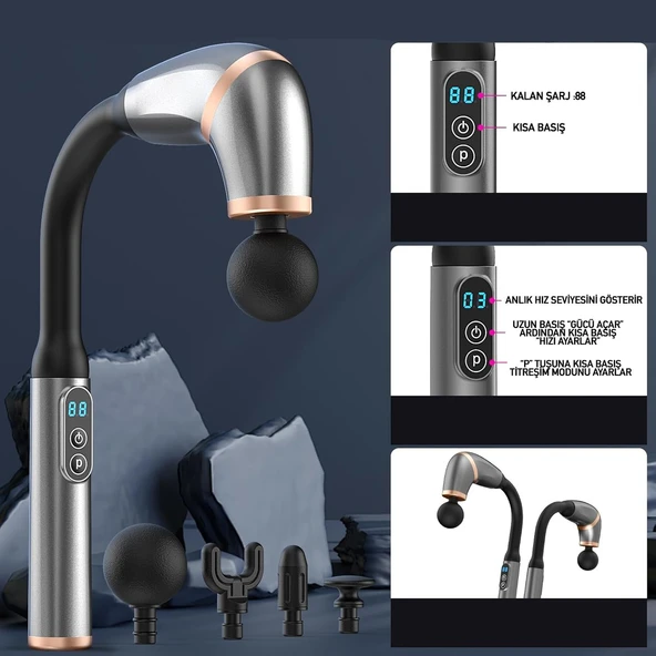Profesyonel Şarjlı Masaj Tabancası - Derin Doku Masajı, 6 Hız Ayarlı, 4 Başlıklı Şarj Edilebilir Masaj Aleti Uzun Saplı Masaj Cihazı Darbeli Titreşimli Masaj Aleti - Resim 5