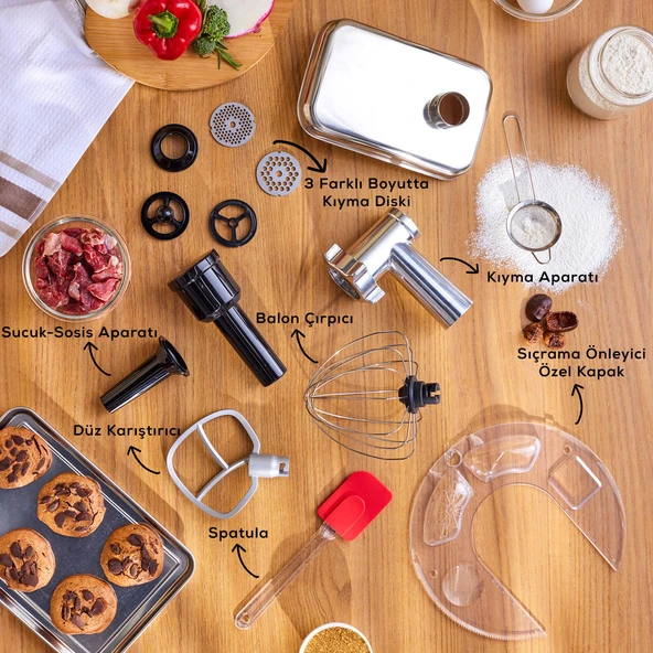 Karaca Multichef Ultra Kıyma Çekme/Sucuk-Sosis/İçli Köfte Aparatlı Hamur Yoğurma Makinesi Porcelain White 2000W 7L - Resim 4