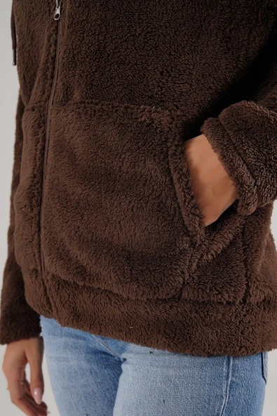 Kadın Kahve Peluş Yumoş Fermuarlı Kapüşonlu Cepli Welsoft Ceket 22KCKTERES - Resim 6