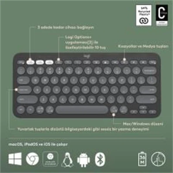 LOGITECH K380S PEBBLE KEYS 2 ÇOKLU CİHAZ ÖZELLİKLİ BLUETOOTH TÜRKÇE Q KLAVYE GRİ 920-011859 ürün görseli 1