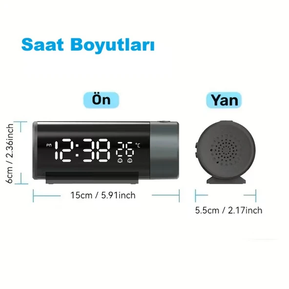 HyMark Projeksiyonlu Silindir USB Güç LED Ekran Çalar Saat Sıcaklık Çift Alarm - Resim 6