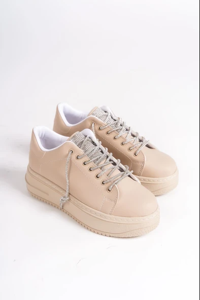DELLA Bağcıklı Ortopedik Taban Taşlı Kadın Sneaker Spor Ayakkabı CTT - Ten - 4