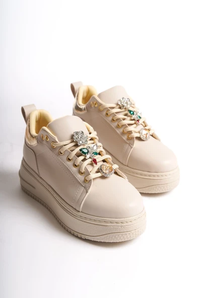 BRIANNA Bağcıklı Ortopedik Taban Renkli Taş Dekorlu Kadın Sneaker Spor Ayakkabı  CKT - Krem/Altın - 4