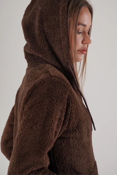 Kadın Kahve Peluş Yumoş Fermuarlı Kapüşonlu Cepli Welsoft Ceket 22KCKTERES - Resim 7