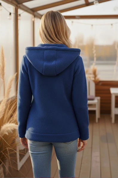 Kadın Saks Koyu Mavi Peluş Yumoş Fermuarlı Kapüşonlu Cepli Welsoft Ceket 22KCKTERES - Resim 5