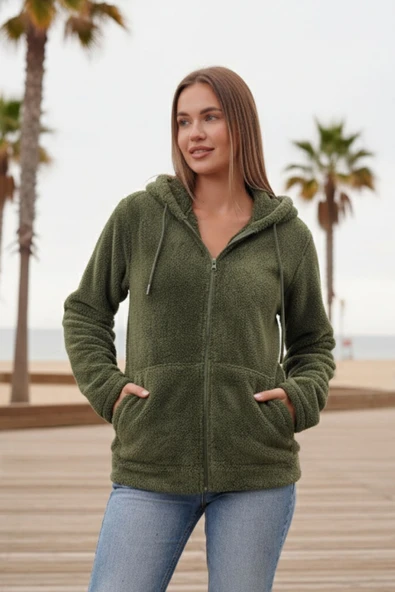 Kadın Haki Yeşil Peluş Yumoş Fermuarlı Kapüşonlu Cepli Welsoft Ceket 22KCKTERES - 3