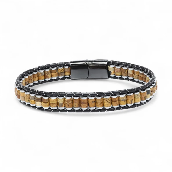 Odun Jasper & Hematit Çelik Örgülü Deri Bileklik 31832B22D8 ürün görseli 1
