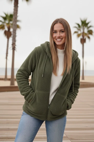Kadın Haki Yeşil Peluş Yumoş Fermuarlı Kapüşonlu Cepli Welsoft Ceket 22KCKTERES