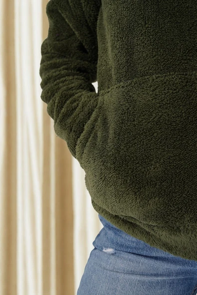 Kadın Haki Yeşil Peluş Yumoş Fermuarlı Kapüşonlu Cepli Welsoft Ceket 22KCKTERES - 8