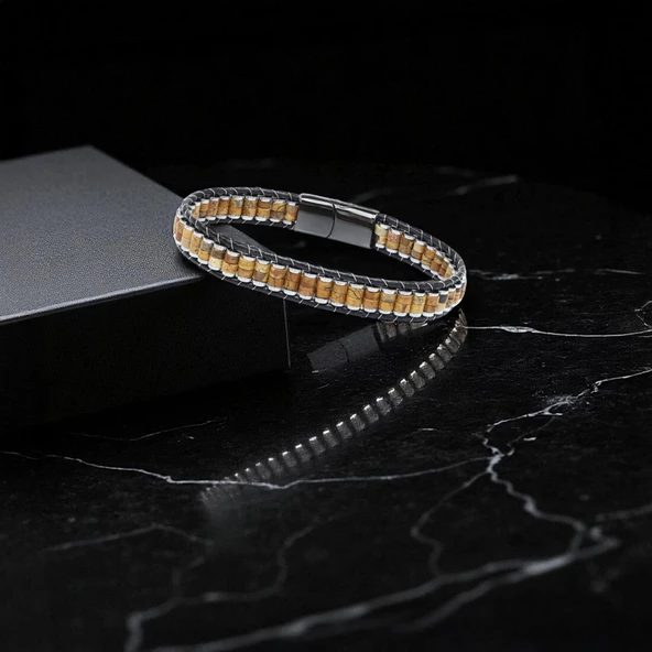 Odun Jasper & Hematit Çelik Örgülü Deri Bileklik 31832B22D8 - Resim 3