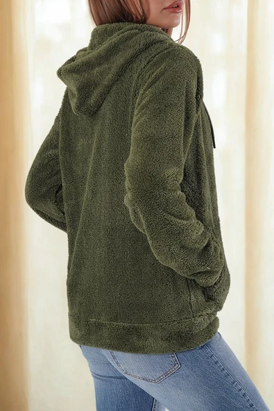Kadın Haki Yeşil Peluş Yumoş Fermuarlı Kapüşonlu Cepli Welsoft Ceket 22KCKTERES - 9