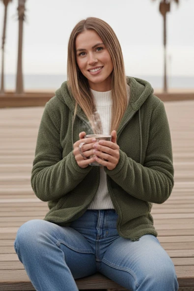 Kadın Haki Yeşil Peluş Yumoş Fermuarlı Kapüşonlu Cepli Welsoft Ceket 22KCKTERES - 5