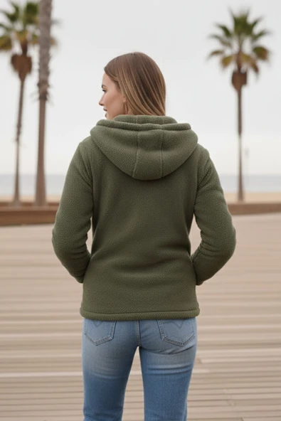 Kadın Haki Yeşil Peluş Yumoş Fermuarlı Kapüşonlu Cepli Welsoft Ceket 22KCKTERES - 6