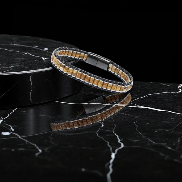 Odun Jasper & Hematit Çelik Örgülü Deri Bileklik 31832B22D8 - Resim 6