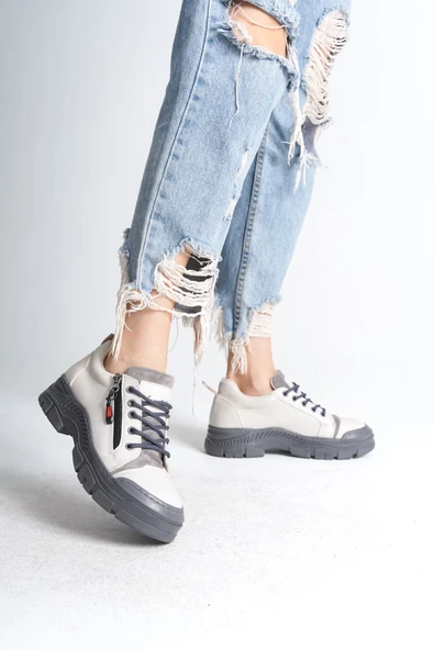 AGATHA Bağcıklı Fermuarlı Ortopedik Taban Kadın Sneaker Spor Ayakkabı CGT - Krem - 1