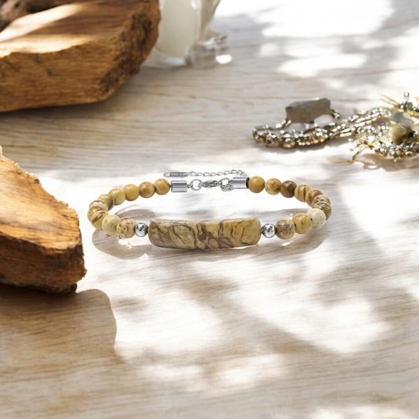 Odun Jasper Doğaltaş Çelik Halat Ve Çelik Klipsli Bileklik 31832B19D3 - Resim 3