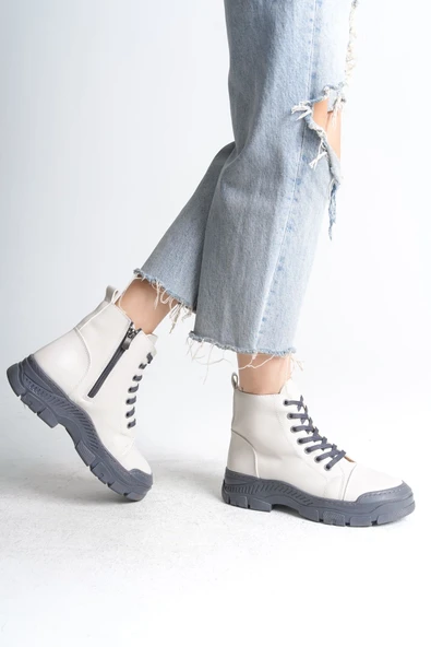 BLOOM Bağcıklı Fermuarlı Ortopedik Taban Kadın Bot  CGT - Krem - 4