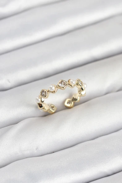 Pirinç Gold Renk Zirkon Taşlı İncili Kadın Yüzük - TJ-BYK3876 ürün görseli