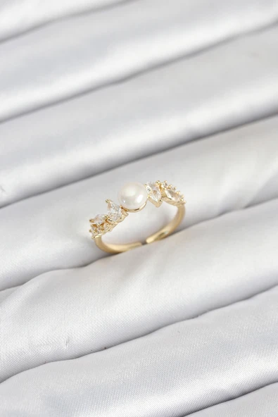 Pirinç Gold Renk Zirkon Taşlı İncili Model Kadın Yüzük - TJ-BYK3852 ürün görseli 1