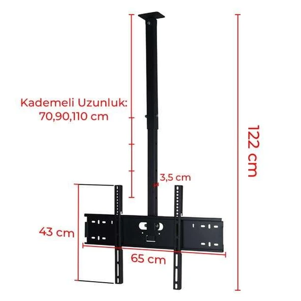 PowerMaster PM-32 Led/Lcd/Plazma 70-90-110 CM Dar Ağız 45 Derece Açılı Tavan TV Askı Aparatı - Resim 3