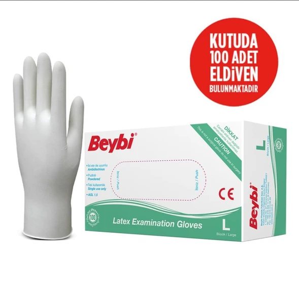 Beybi Lateks Pudralı Beyaz Muayene Eldiveni 100' lü Paket Large - 2