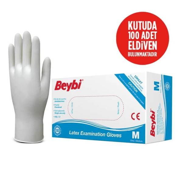 Beybi Lateks Pudralı Beyaz Muayene Eldiveni 100' lü Paket Medium - 2