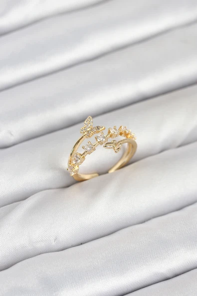 Pirinç Gold Renk Zirkon Taşlı Kelebek Model Kadın Yüzük - TJ-BYK3850 ürün görseli 1