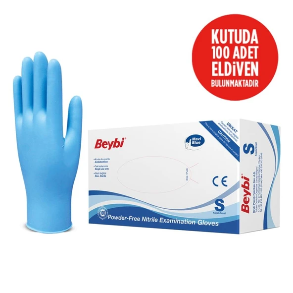 Beybi Nitril Pudrasız Mavi Muayene Eldiveni 100' lü Paket Small - 2