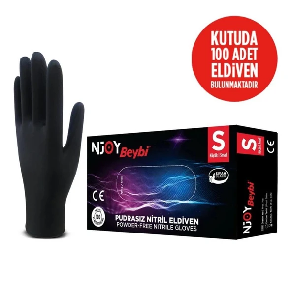 Beybi Njoy Nitril Siyah Pudrasız Eldiven 100' lü Paket Small - 2