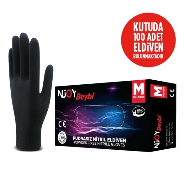 Beybi Njoy Nitril Siyah Pudrasız Eldiven 100' lü Paket Medium - 2