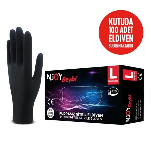 Beybi Njoy Nitril Siyah Pudrasız Eldiven 100' lü Paket Large - 2
