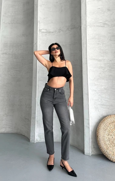 Mom fit enzim taş yıkama jeans pantolon füme d2006 - Resim 3